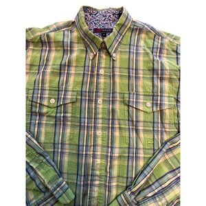 Roper Long Sleeve Button Up XL Shirt Bright Green with Blue‎ Stripes Two Pockets